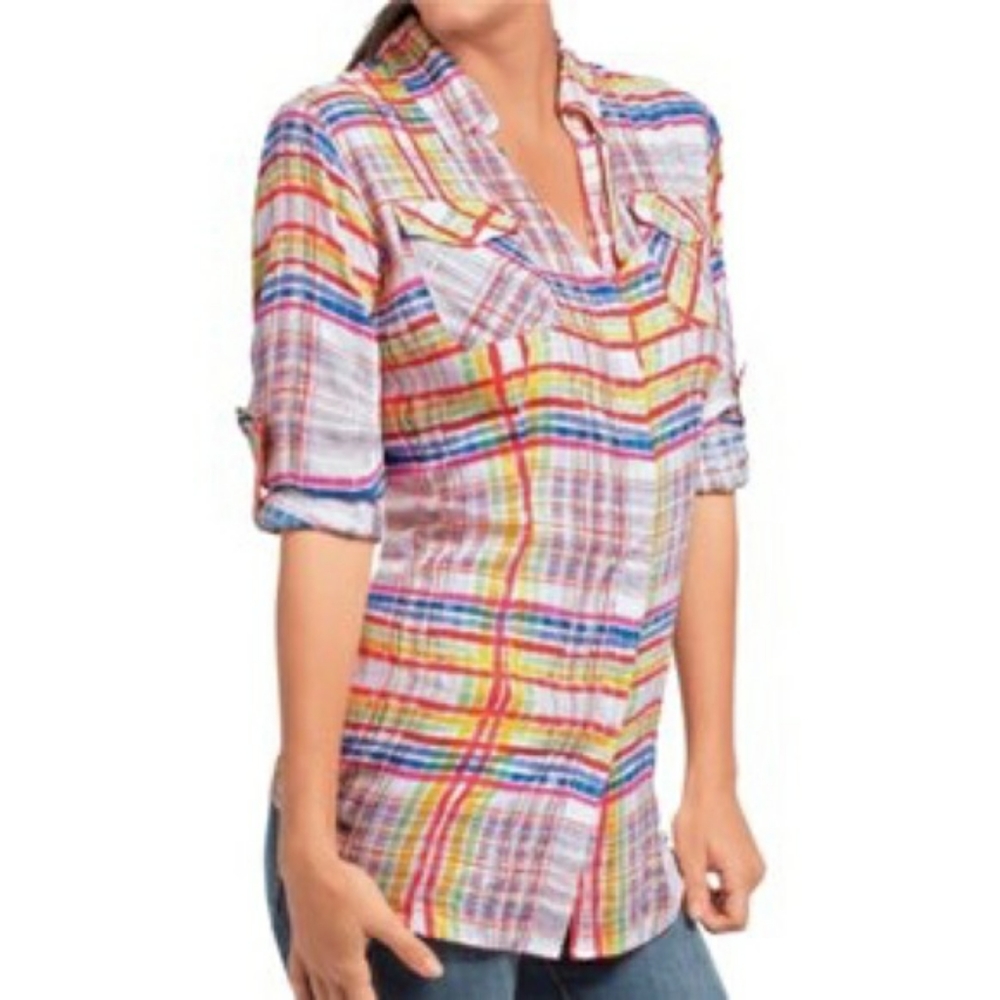CAbi Top Cirque Colorful Plaid Button Down Spring Summer Quirky Eclectic Boho